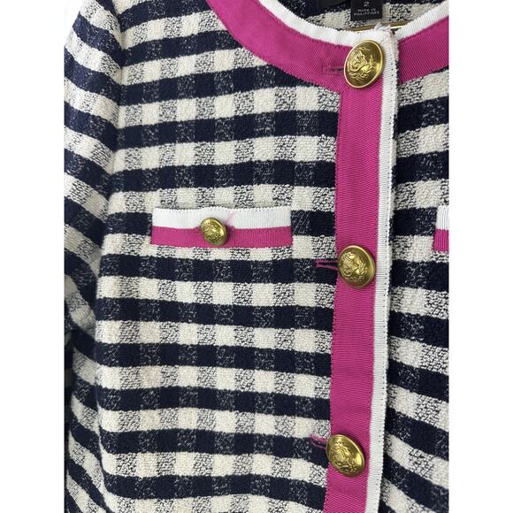 J. Crew Grosgrain Trim Jacket in Gingham Tweed AJ953 Pink Trim Women's Size 2 - Picture 6 of 16